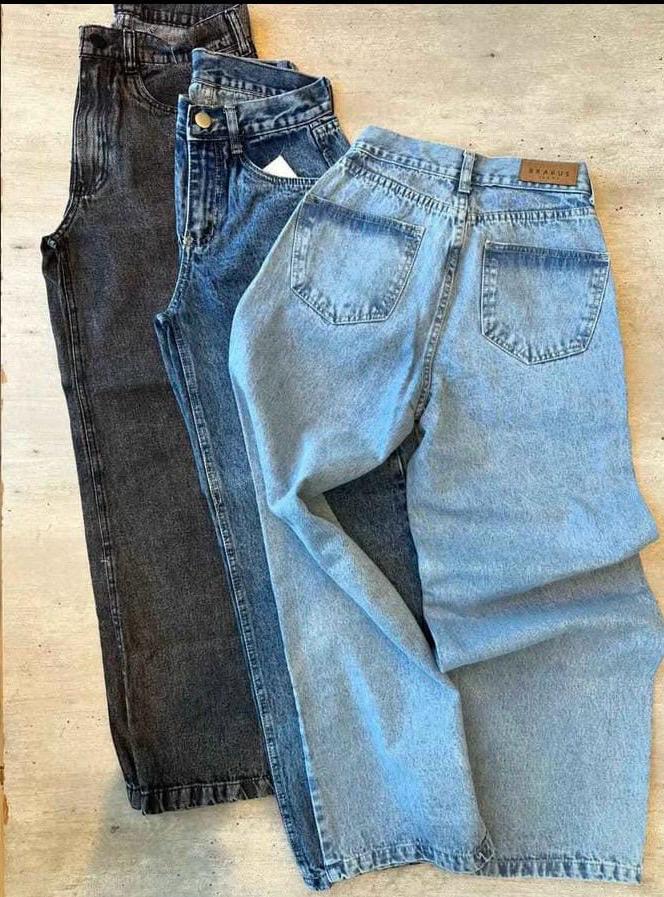 Jeans wide cintura alta tela rígida